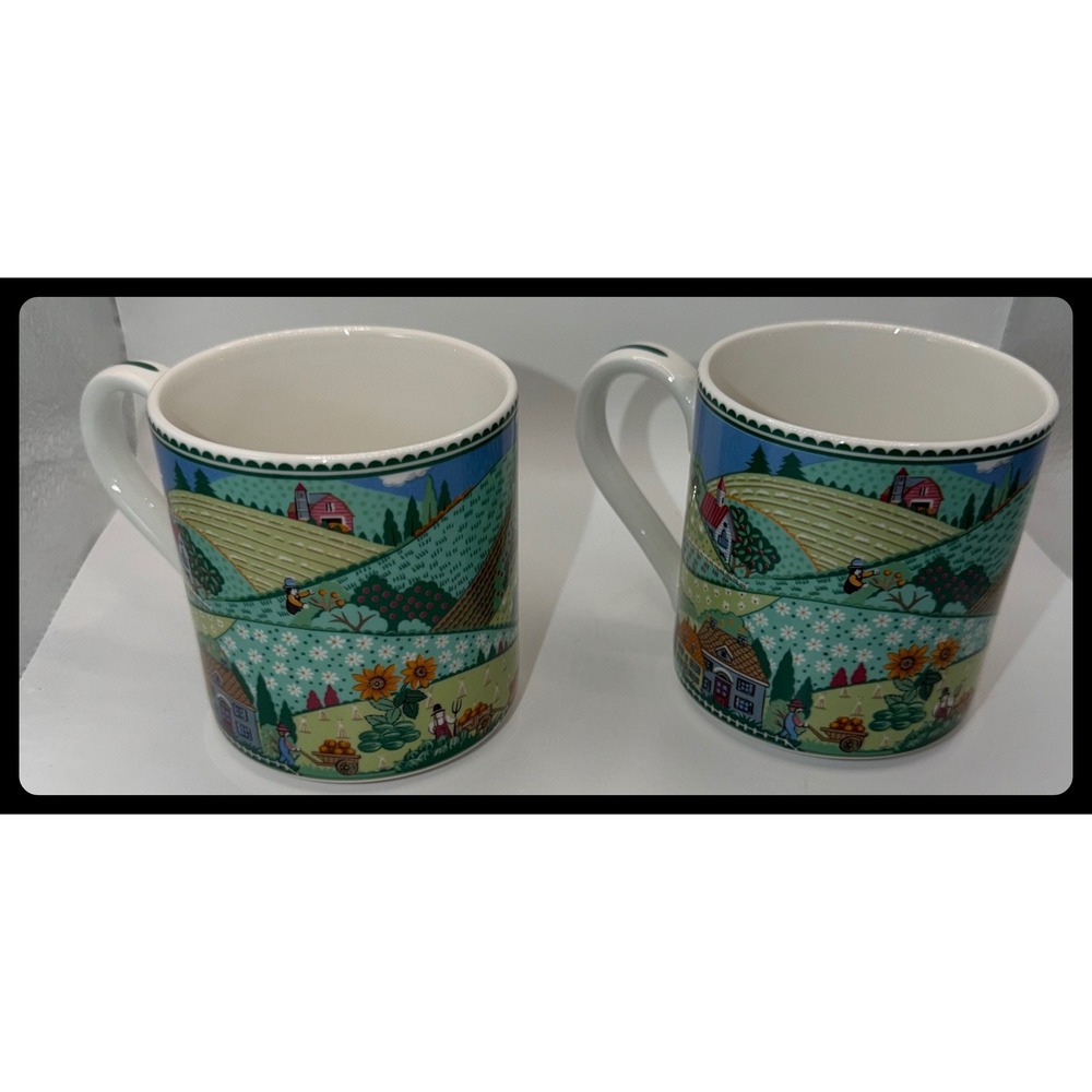 Noritake Impromptu Mugs Set of 2 Multicolor Country Fences Farm Coffee Cups